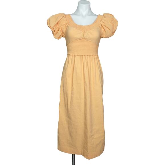 A.L.C. Adena Off-Shoulder Midi Linen Dress Puff Sleeve in Cantaloupe Size 0 - Picture 2 of 13
